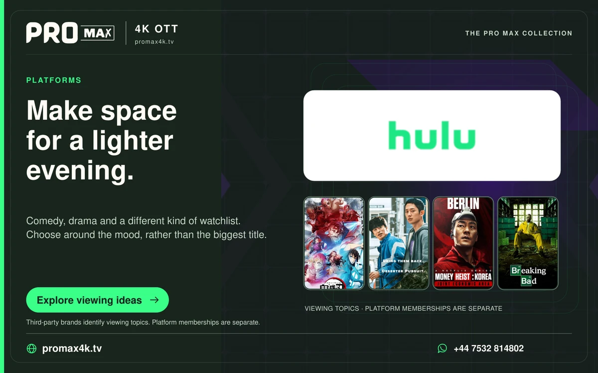 Hulu logo above a row of supplied programme posters in the Pro Max green theme.