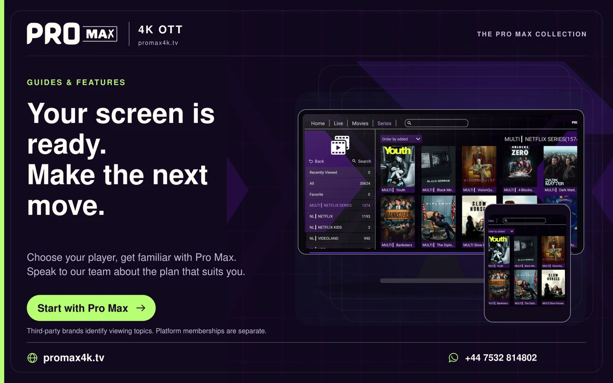 Television and phone views of the Pro Max app introducing the next steps for a new viewer.