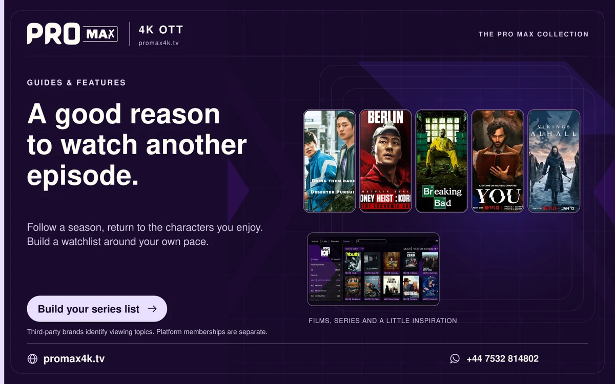 Supplied television series posters above the Pro Max library in a purple watchlist card.