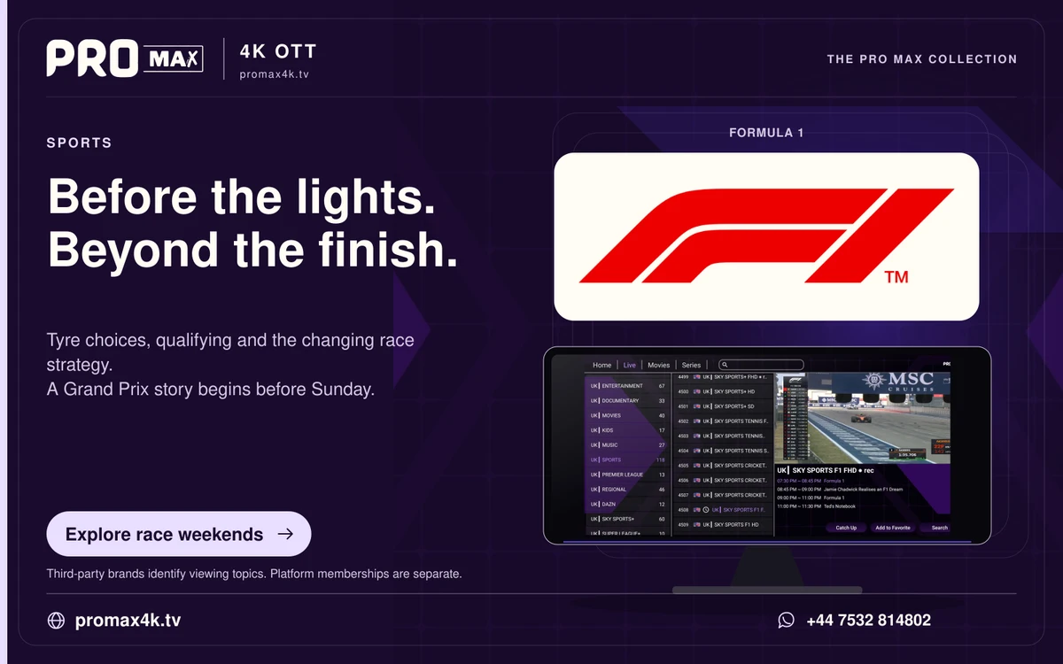 Formula 1 motorsport logo above a Pro Max app screen, with the promax4k.tv brand and WhatsApp contact.