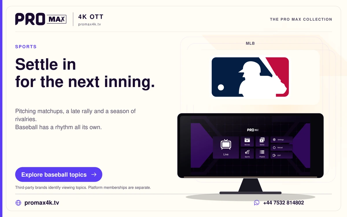 MLB baseball logo above a Pro Max app screen, with the promax4k.tv brand and WhatsApp contact.