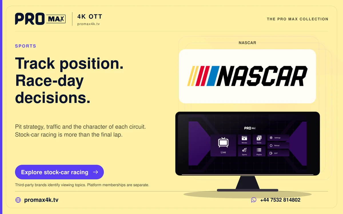 NASCAR stock-car racing logo above a Pro Max app screen, with the promax4k.tv brand and WhatsApp contact.