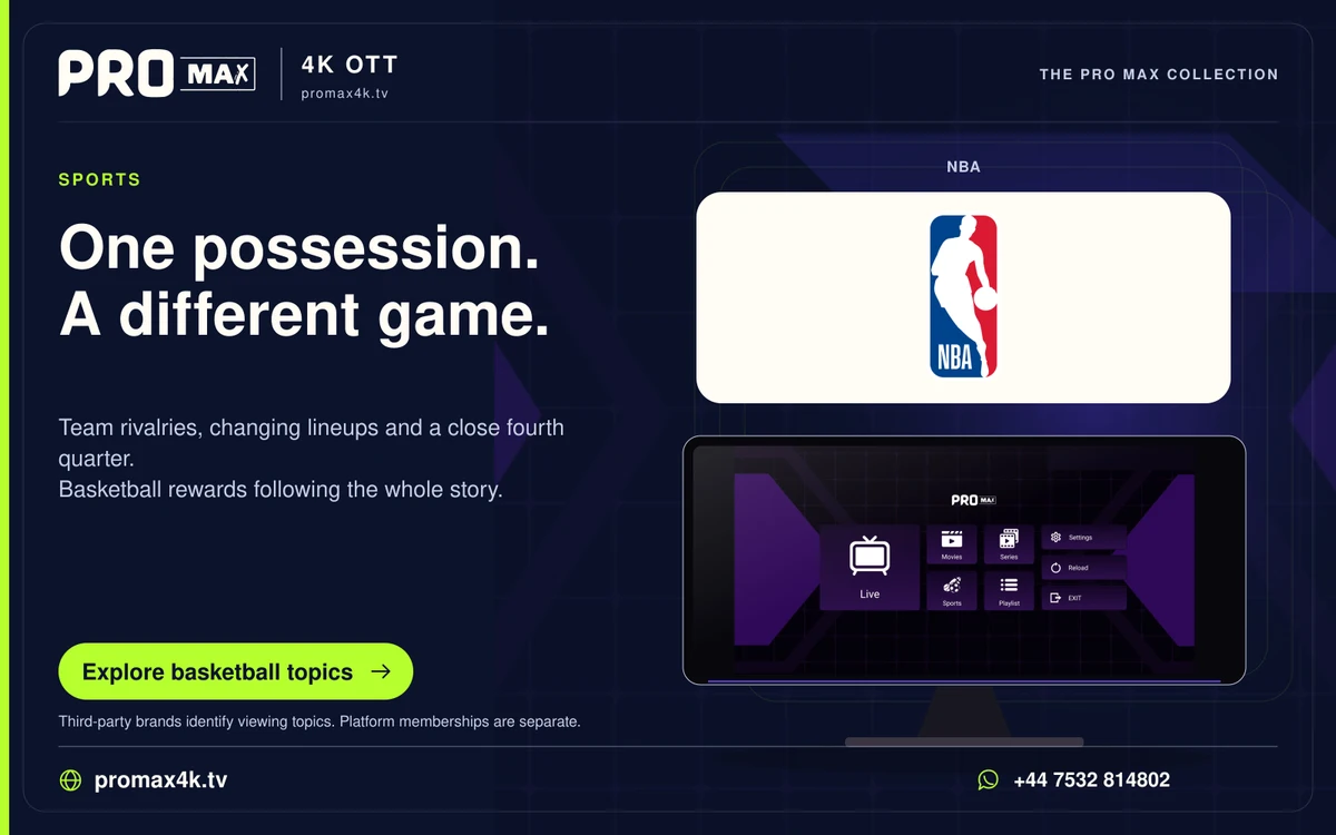 NBA basketball logo above a Pro Max app screen, with the promax4k.tv brand and WhatsApp contact.