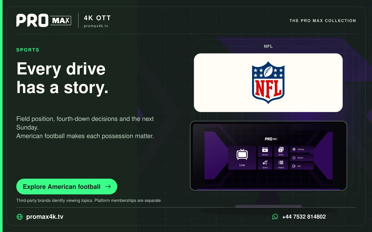 NFL American football logo above a Pro Max app screen, with the promax4k.tv brand and WhatsApp contact.