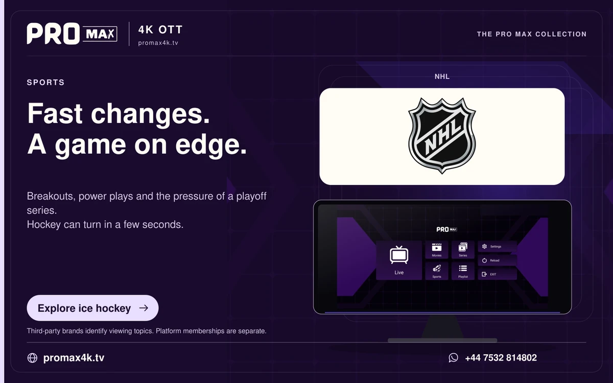 NHL ice hockey logo above a Pro Max app screen, with the promax4k.tv brand and WhatsApp contact.