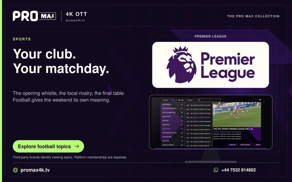 Premier League football logo above a Pro Max app screen, with the promax4k.tv brand and WhatsApp contact.