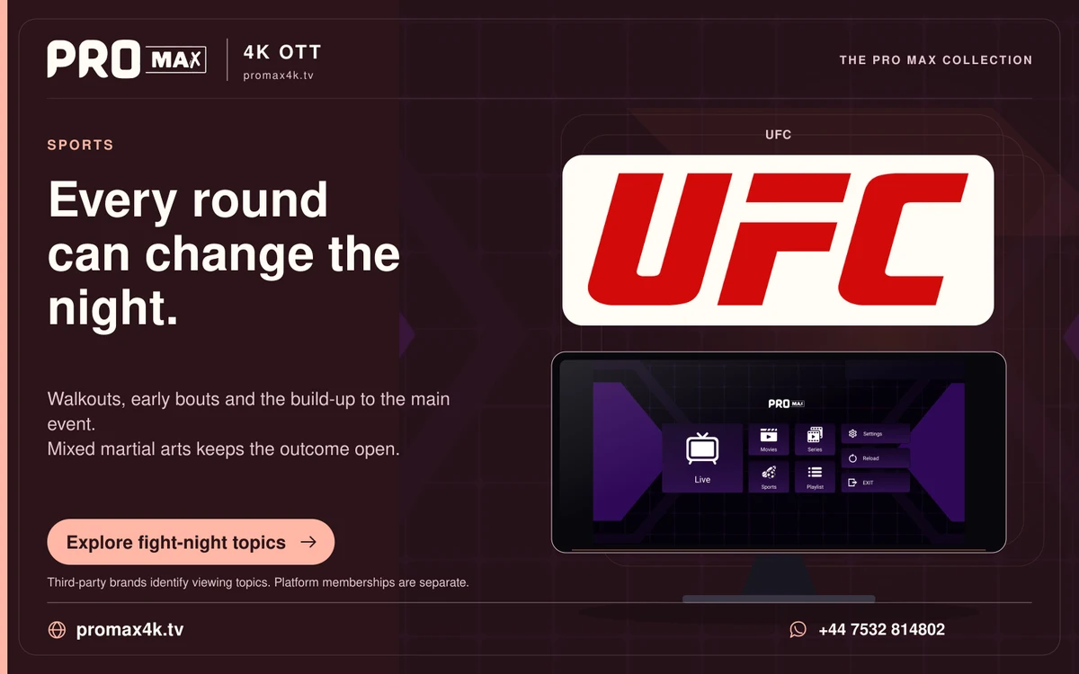 UFC mixed martial arts logo above a Pro Max app screen, with the promax4k.tv brand and WhatsApp contact.